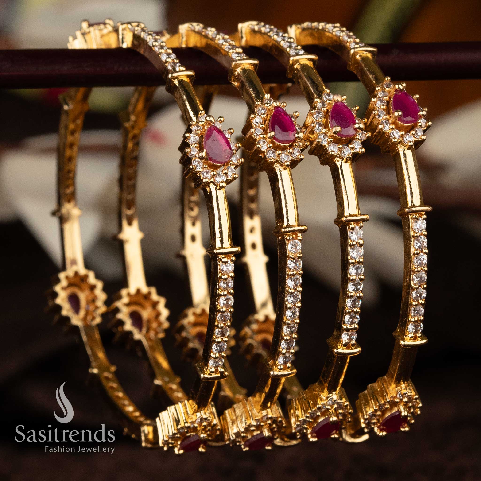 Traditional micro gold-plated bangles with ruby and diamond look stones - Sasitrends