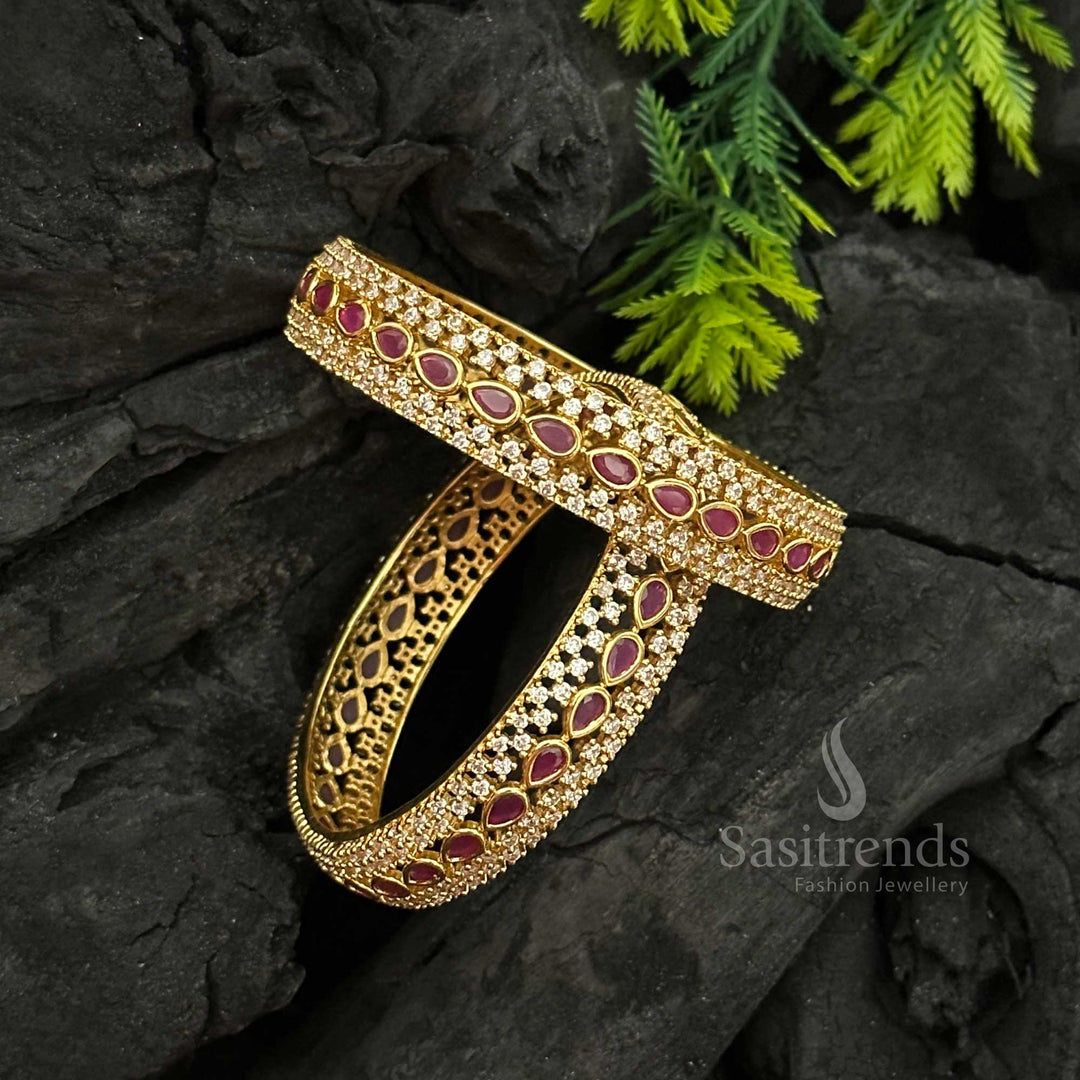 Luxurious micro gold-finish Kada bangles, intricately adorned with white-ruby American diamonds - Sasitrends