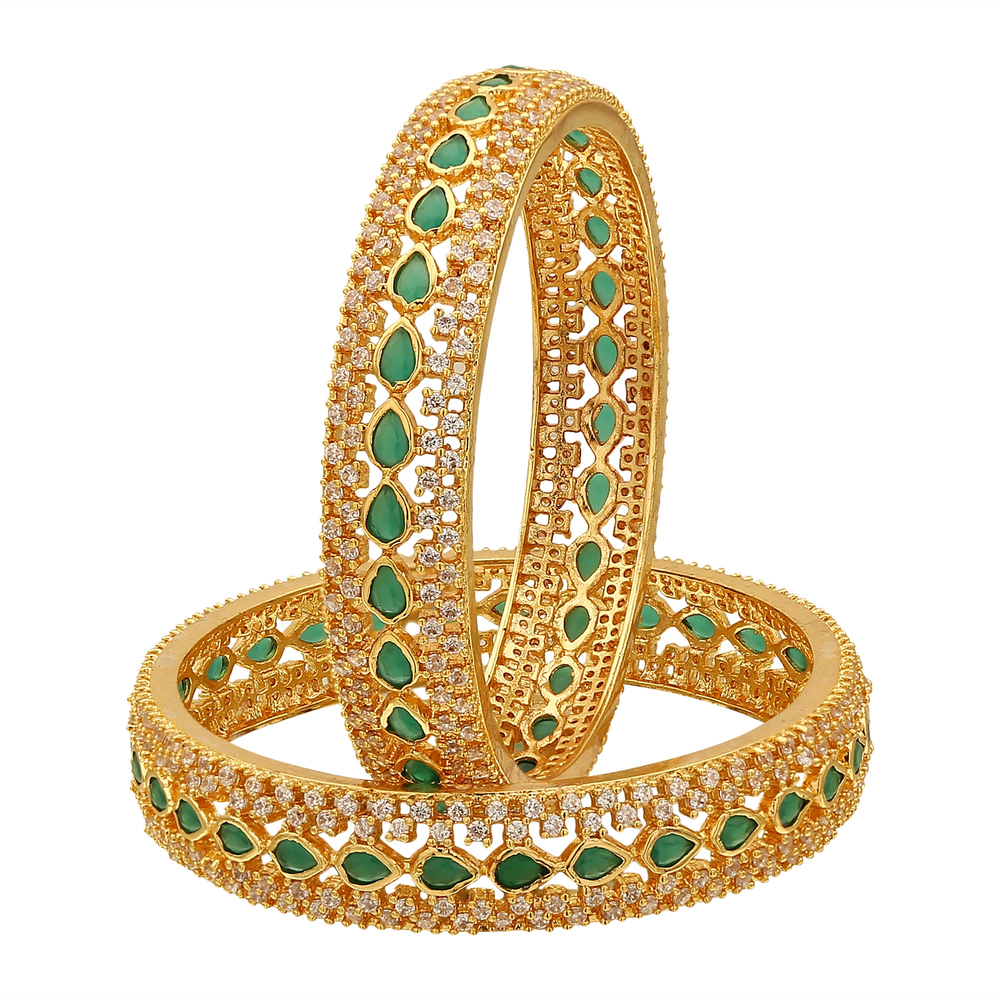 Stunning micro gold plated bangles with green and white stones, perfect for parties and traditional occasions