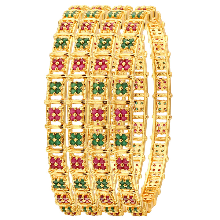 Stunning Traditional Micro Gold Plated Bangles with Floral American Diamond Stones - Trendy Look