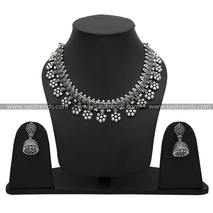 Romantic Style Oxidised Jewellery Set with Flower Motifs Navarathiri Special Elegance