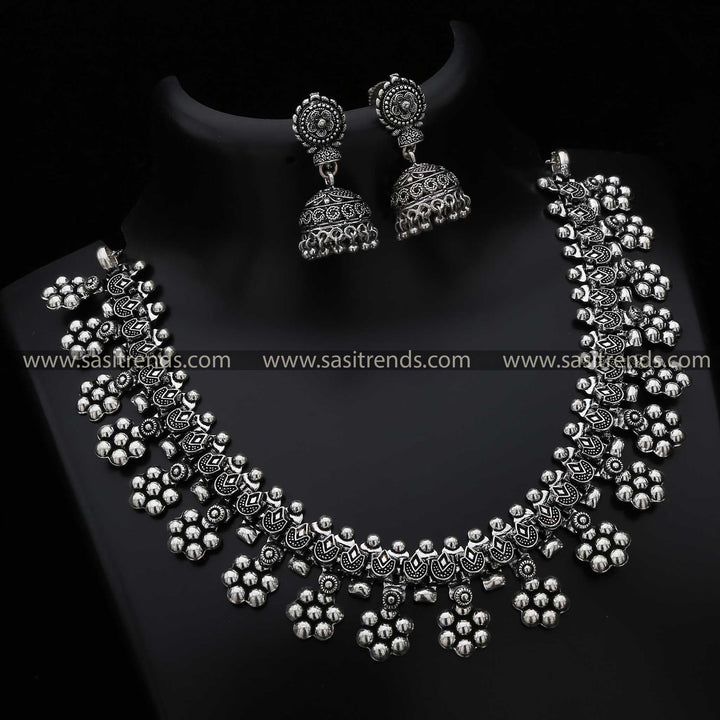 Floral Oxidised Necklace Jewellery Set with Matching Jhumka Earrings - Sasitrends