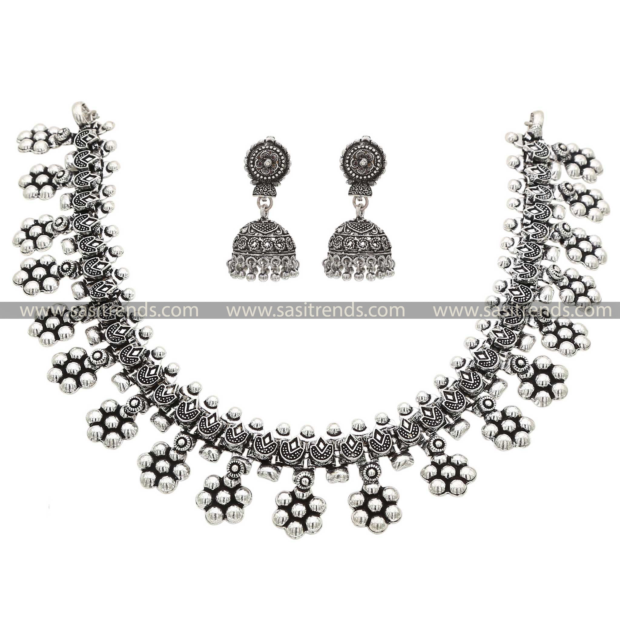 Handcrafted Floral Design in Oxidised Necklace and Jhumka Earrings Jewellery Set