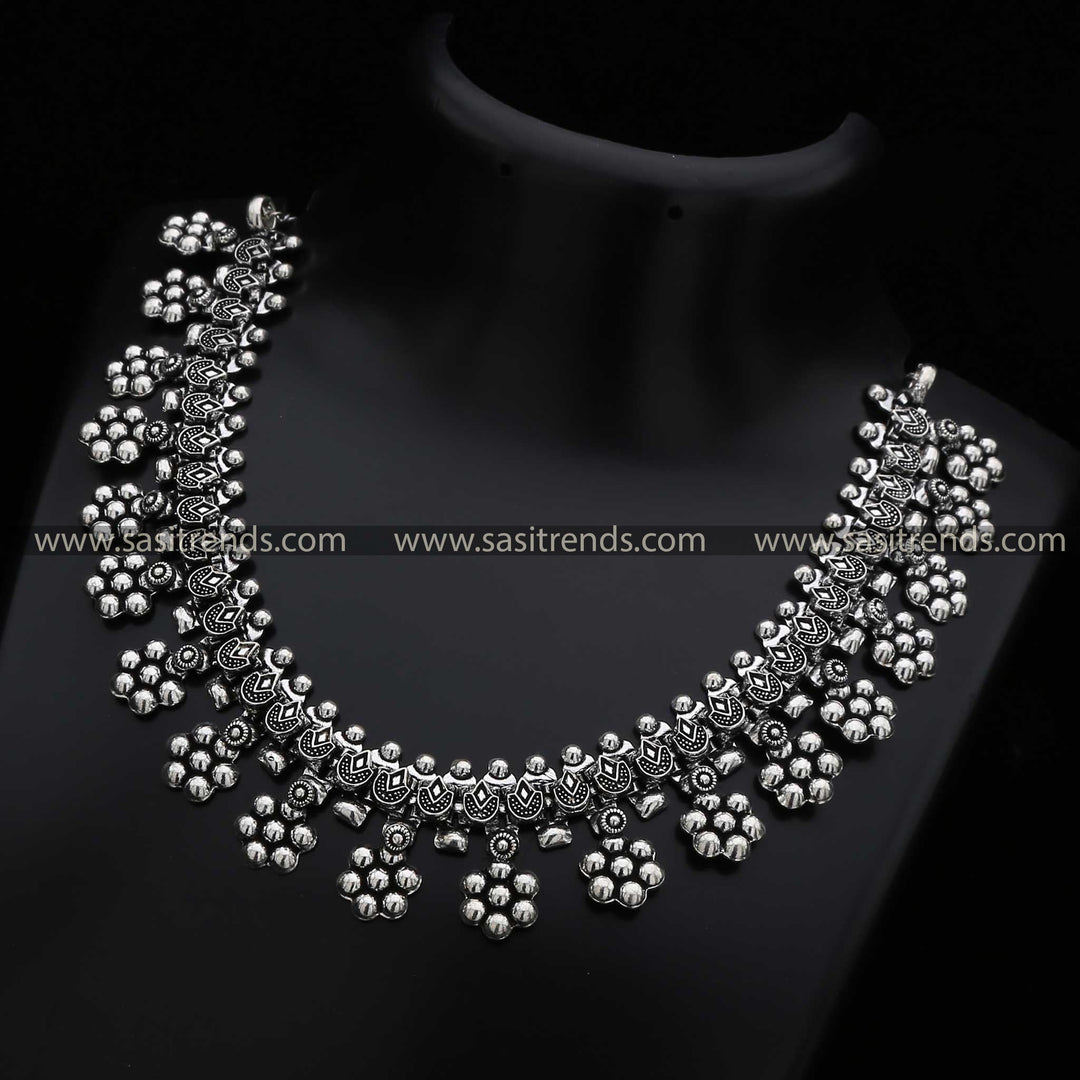 Floral Motif Oxidised Silver Necklace with Intricate Petal Detailing