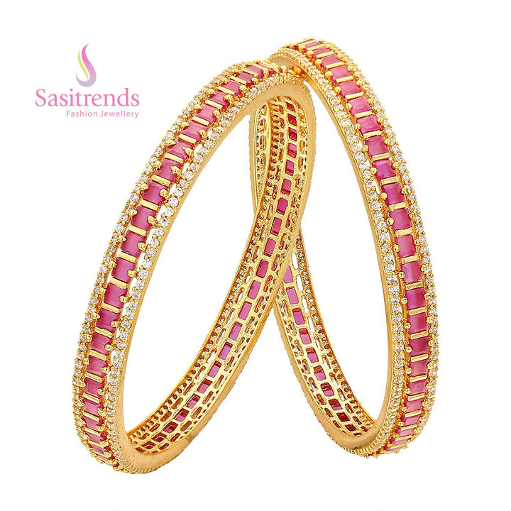 Royal micro gold-plated square ruby AD bangles, featuring a classic design with sparkling American diamond stones - Sasitrends