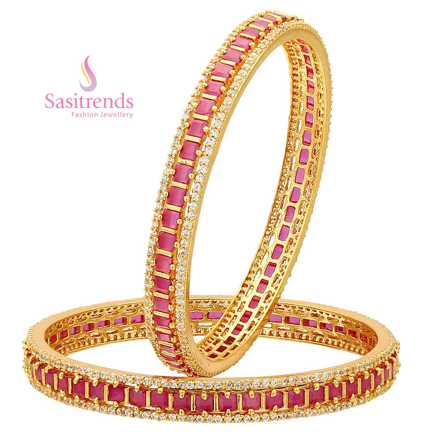 Luxurious micro gold-plated square ruby AD bangles, embedded with radiant American diamond stones