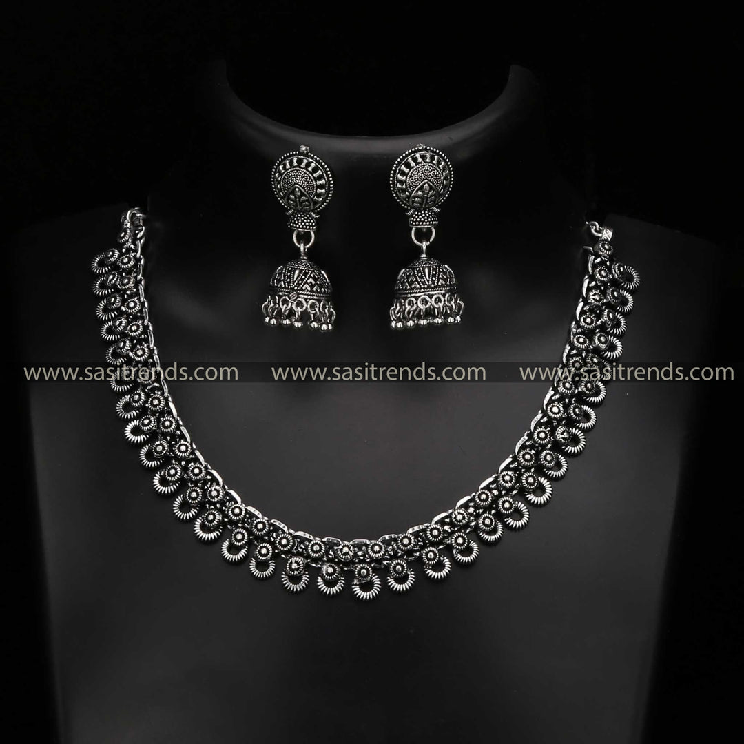 Tanvi Oxidised Silver Choker with Traditional Jhumka Earrings Jewellery Set  - Navarathiri Special