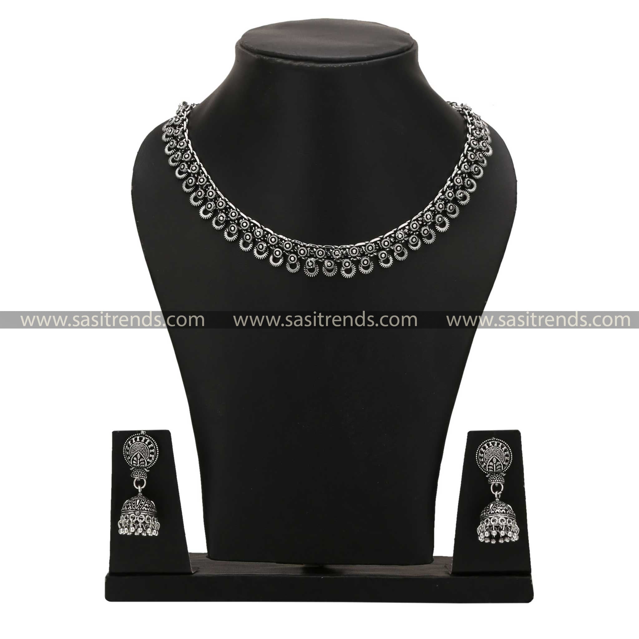 Oxidised Silver Choker and Jhumka with Intricate Design by Tanvi Sasitrends Online Shopping