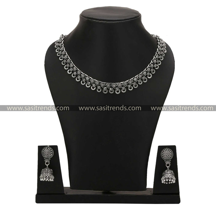 Oxidised Silver Choker and Jhumka with Intricate Design by Tanvi Sasitrends Online Shopping