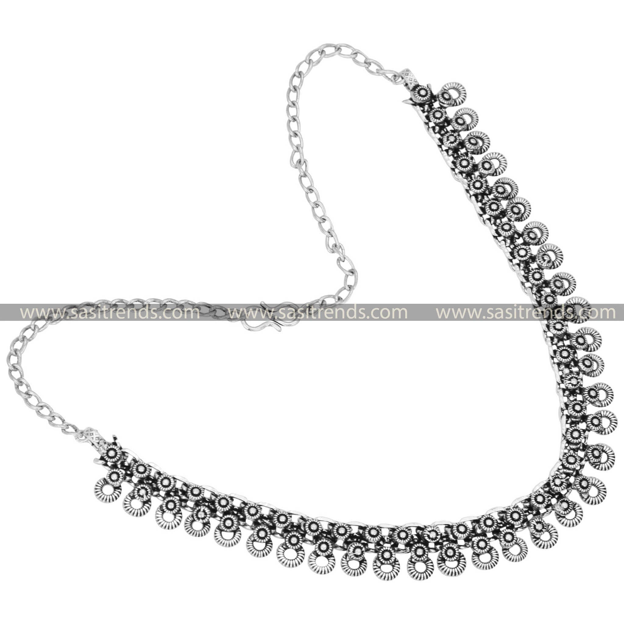 Artisanal Oxidised Silver Choker by Tanvi with Floral Medallion