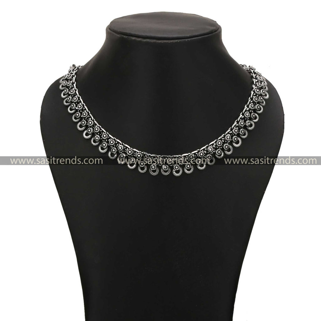 Tanvi Oxidised Silver Choker Necklace with Tribal Design Navarathiri Special Sasitrends