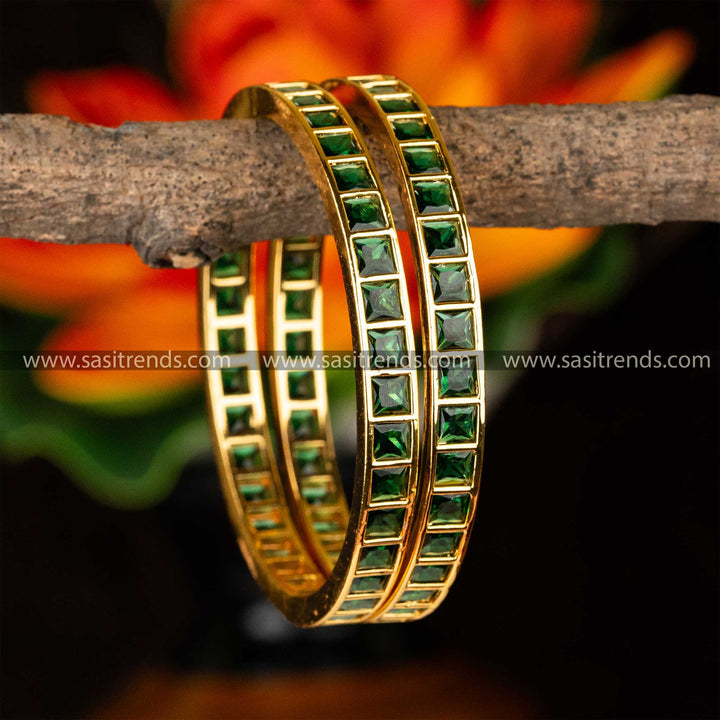 Micro Gold Plated Green American Diamond Square Pattern Guaranteed Bangles Sasitrends Online Shopping