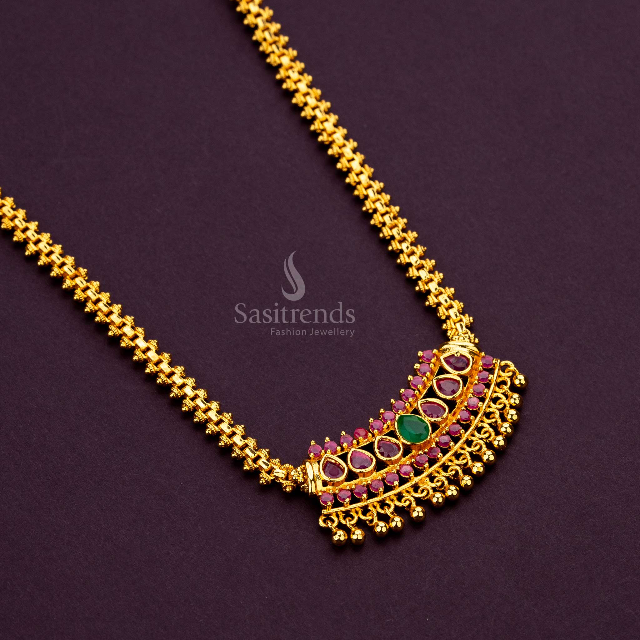 Trendy micro gold plated necklace with ruby and green AD stones, eye-catching design - Sasitrends