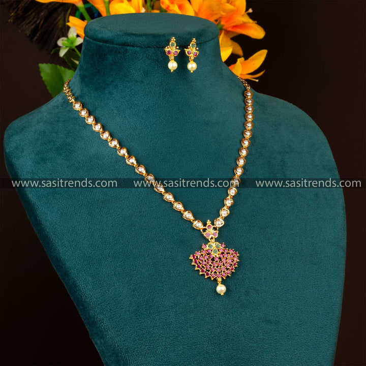 Micro Gold Plated Floral Pendant Pearl Necklace Set with Earrings – Traditional Elegance