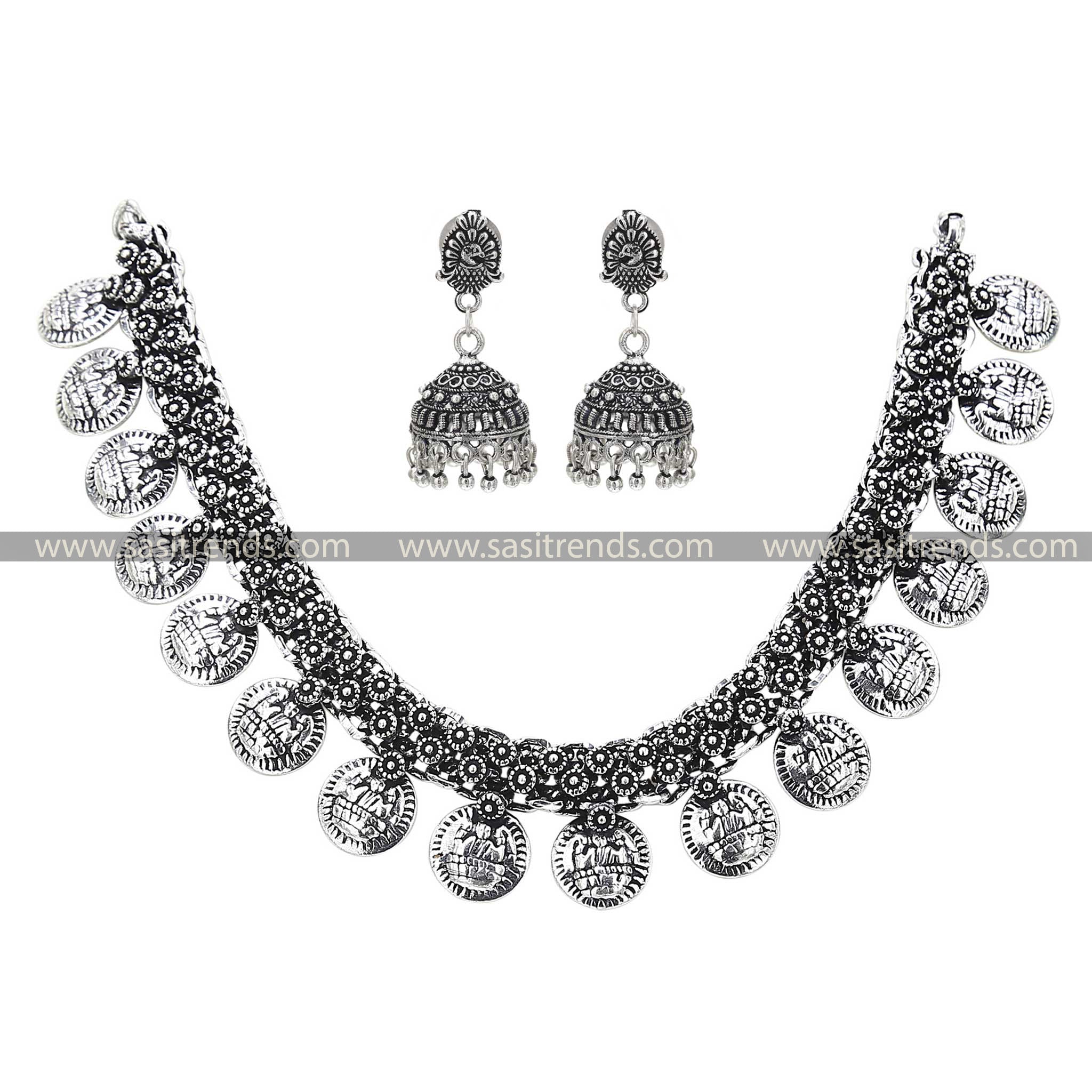 Oxidised Silver Gapped Coin Necklace with Peacock Jhumka Earrings Set, a unique blend of divinity and art in oxidised jewellery