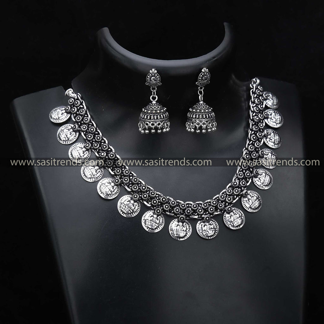 Latest Oxidised Gap Lakshmi Coin Jewellery Set With Jhumka Earrings Navarathiri Special