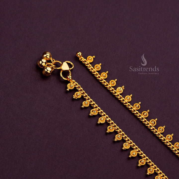 Closeup of One gram micro gold anklet with beads, crafted with premium brass and gold-plating - Sasitrends