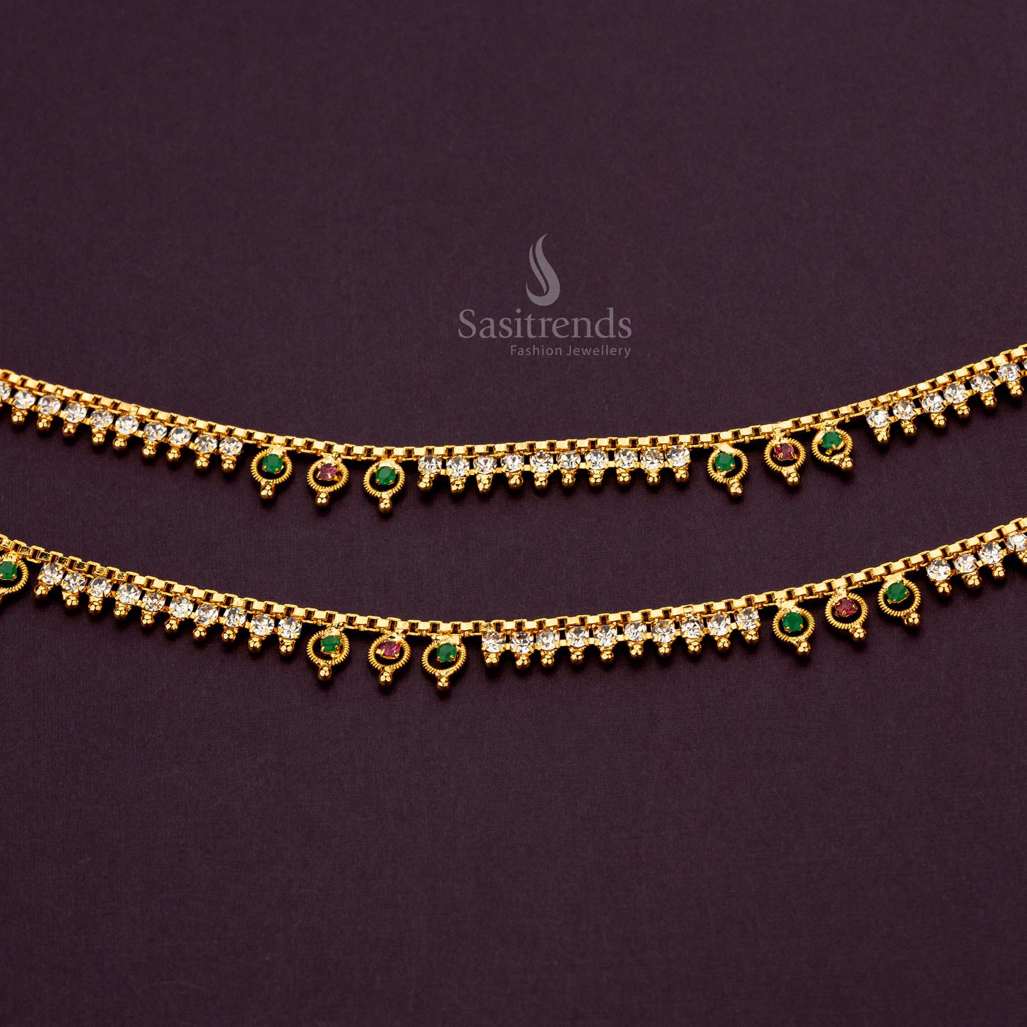 Guaranteed micro gold plated anklets with white, ruby and green AD stones and gold accents - Sasitrends