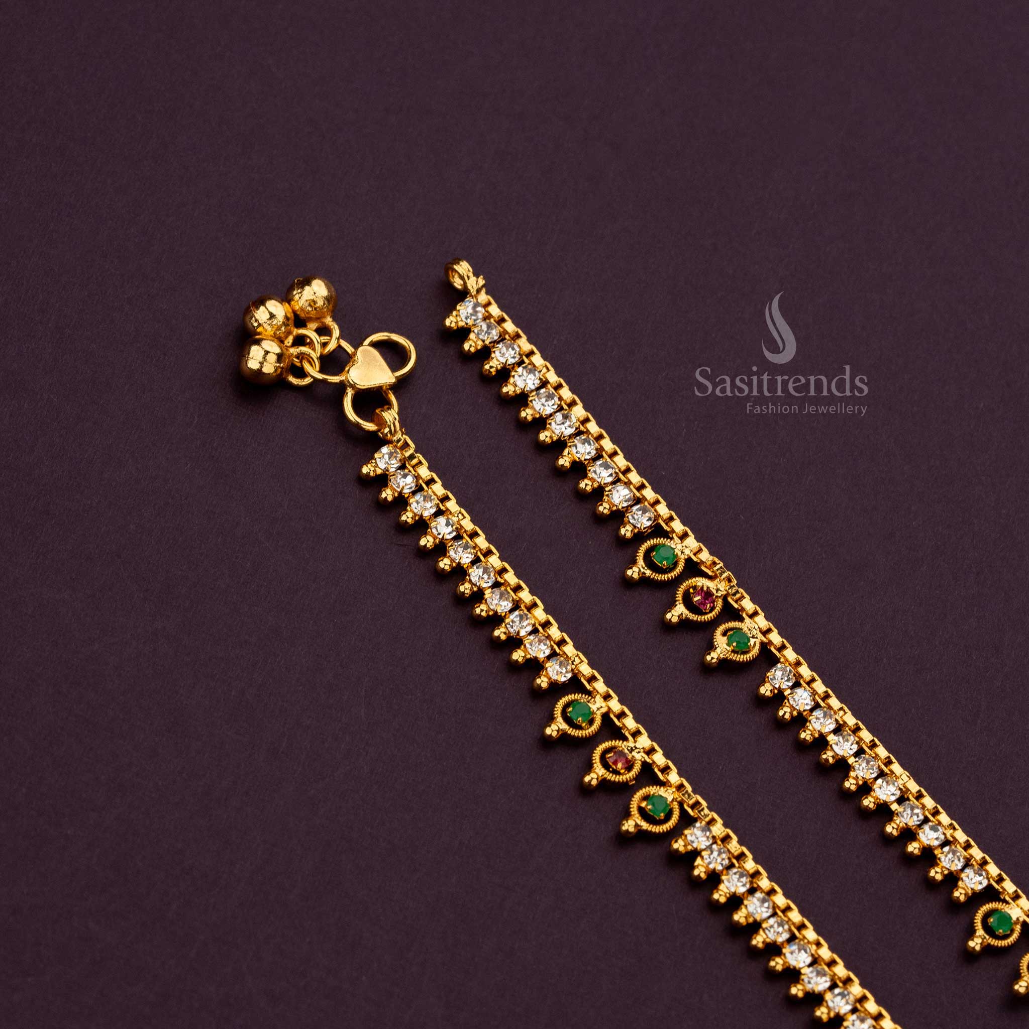 Traditional micro gold plated anklets with white, ruby and green AD stones and gold accents - Sasitrends