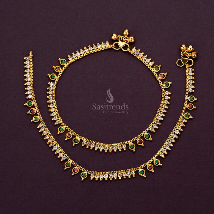 Traditional One Gram Micro Gold Plated Anklets With AD Stones And Gold Accents - Sasitrends