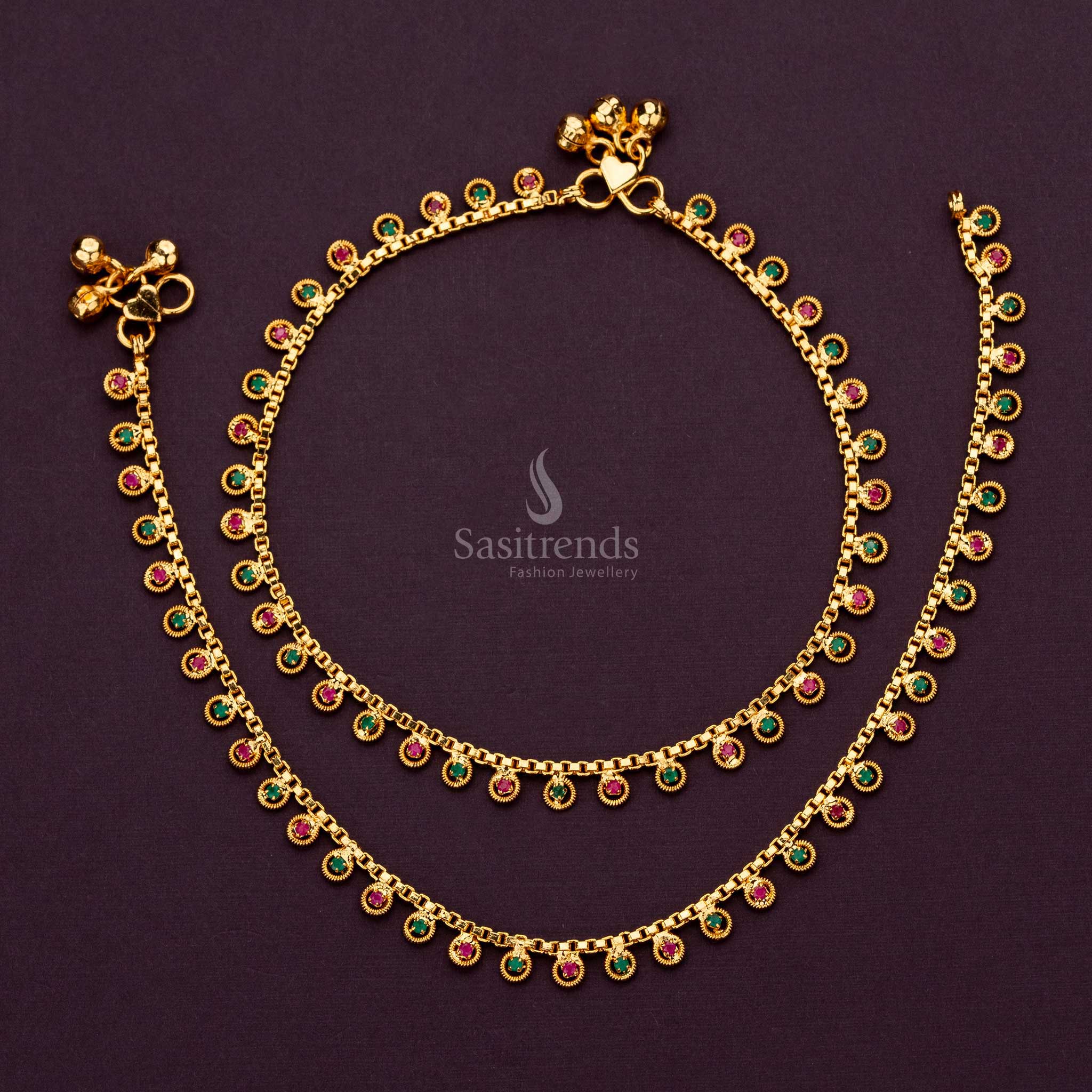 Stunning micro gold plated anklets with shimmering ruby green AD stones - Sasitrends