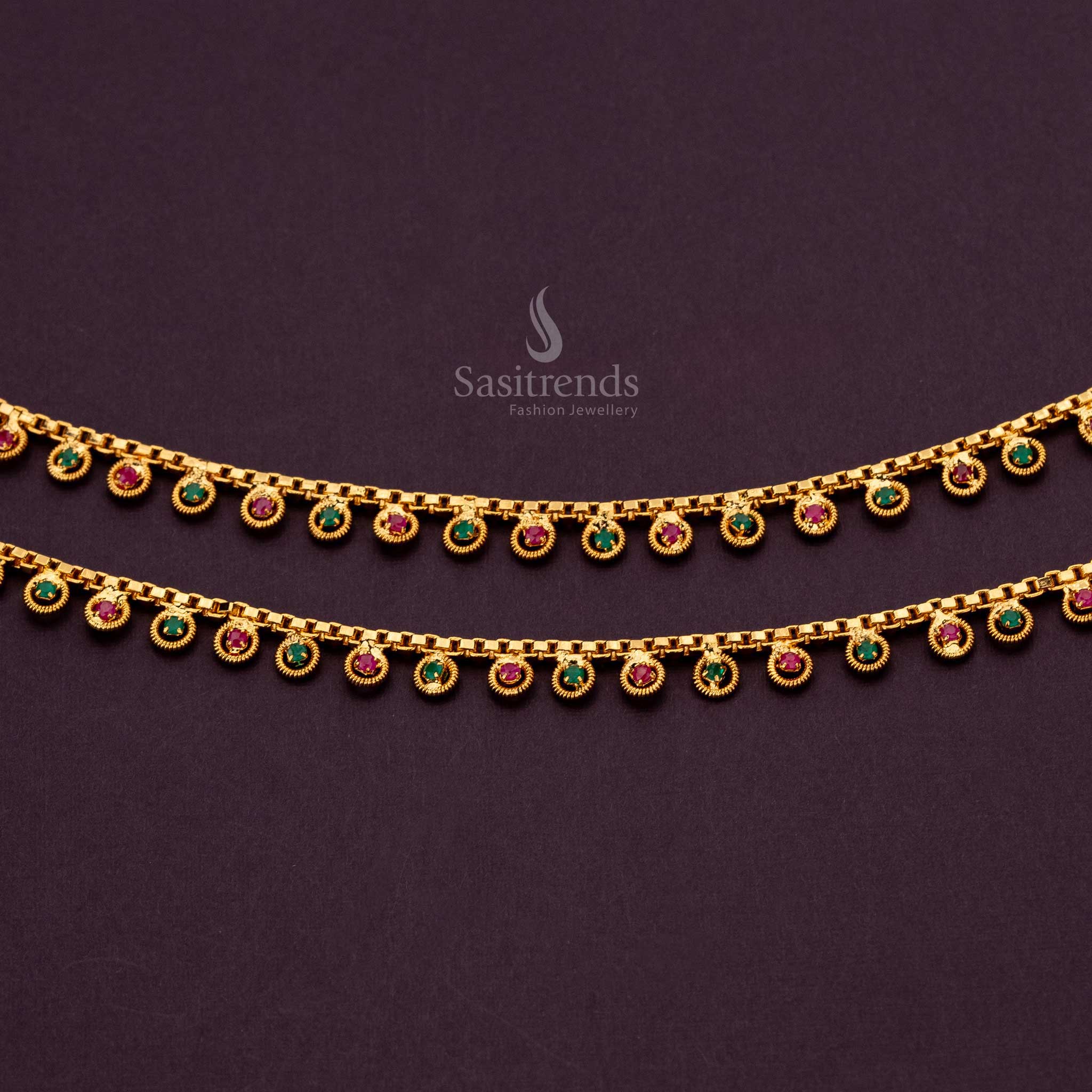 Elegant Ruby Green AD Stone anklets design perfect for weddings and special occasions - Sasitrends