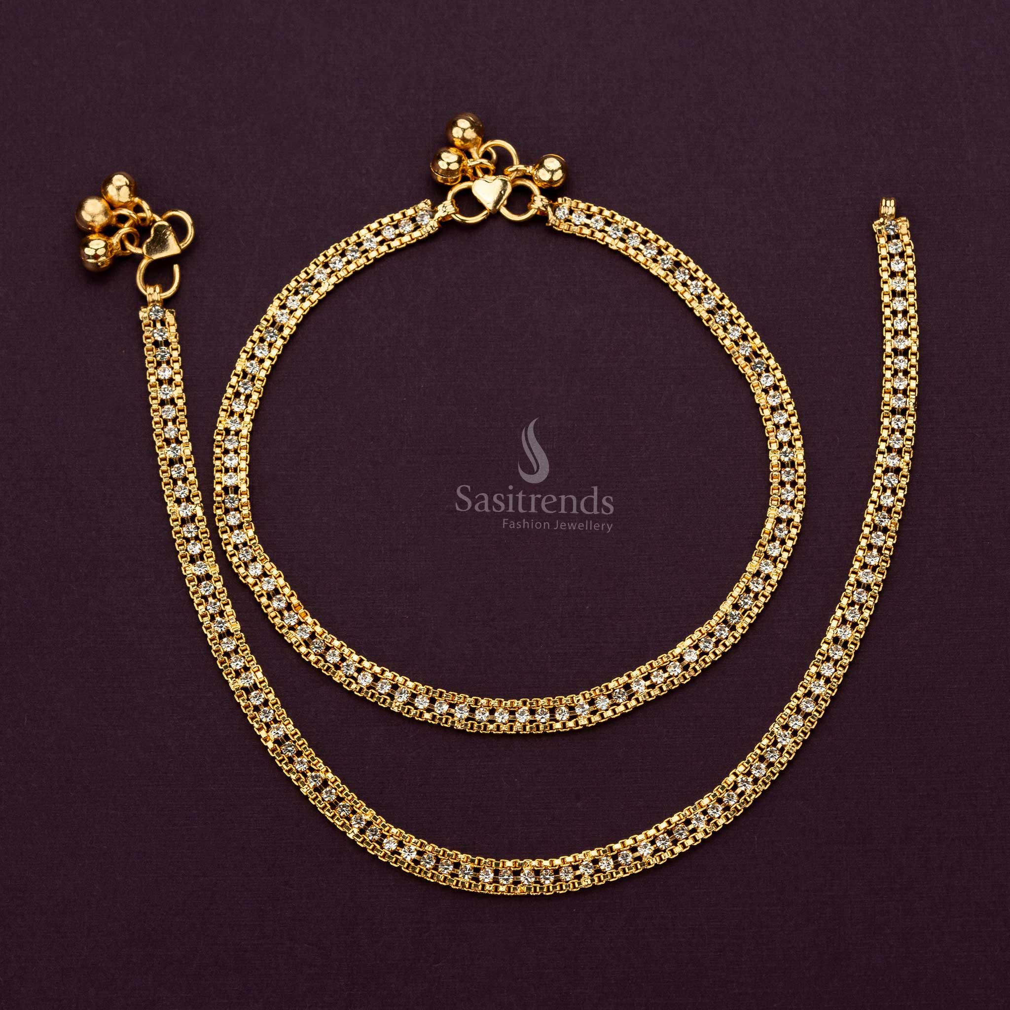 Elegant micro gold-plated double-chain anklet with shimmering stones - Sasitrends