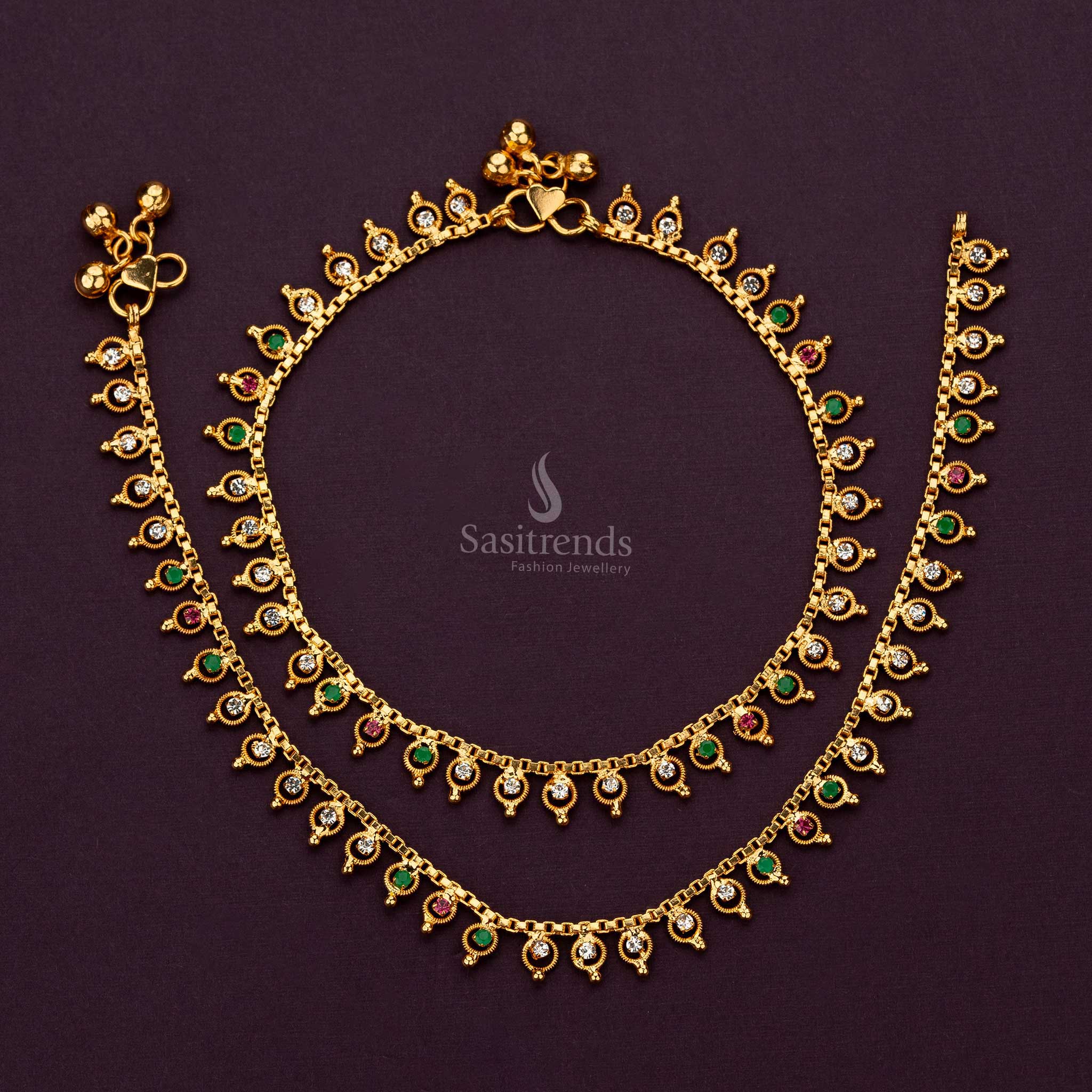 One Gram Gold-Plated Anklets with Multi-Color Stones and Hanging Accents for Ethnic Wear - Sasitrends