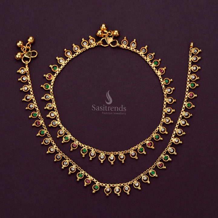 One Gram Gold-Plated Anklets with Multi-Color Stones and Hanging Accents for Ethnic Wear - Sasitrends