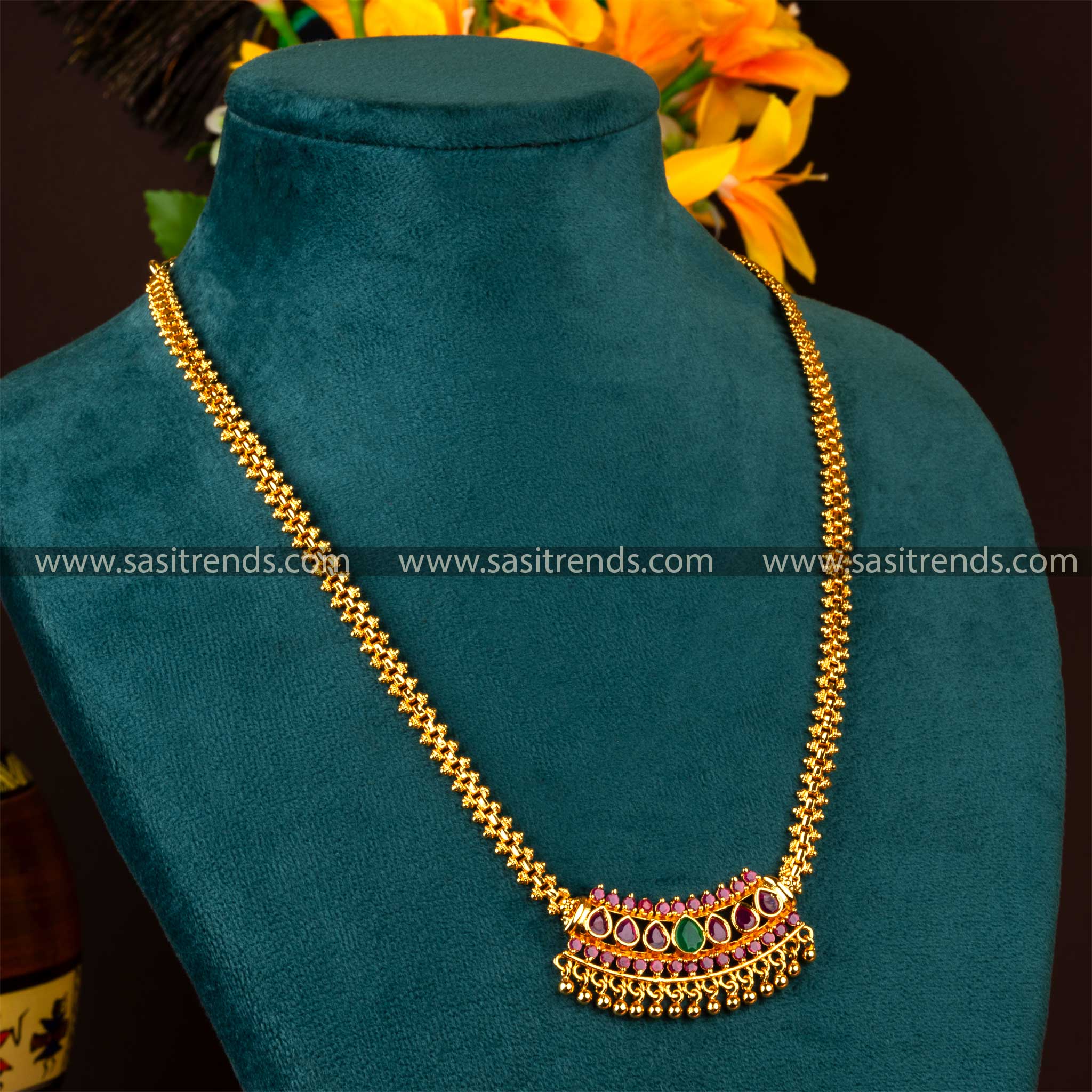 Traditional Wear One Gram Gold Plated Ruby Green AD Stone Studded Necklace