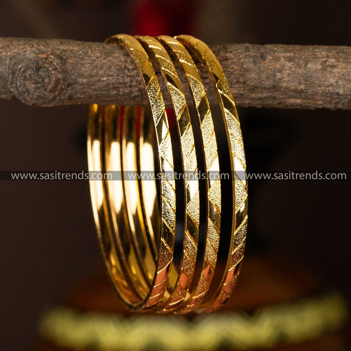 Elegant 4-piece bangle set with leaf-like etchings and micro gold plating