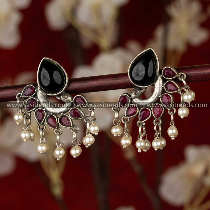 Oxidised Silver Peacock Earrings with Teardrop Stones and Pearl Embellishments