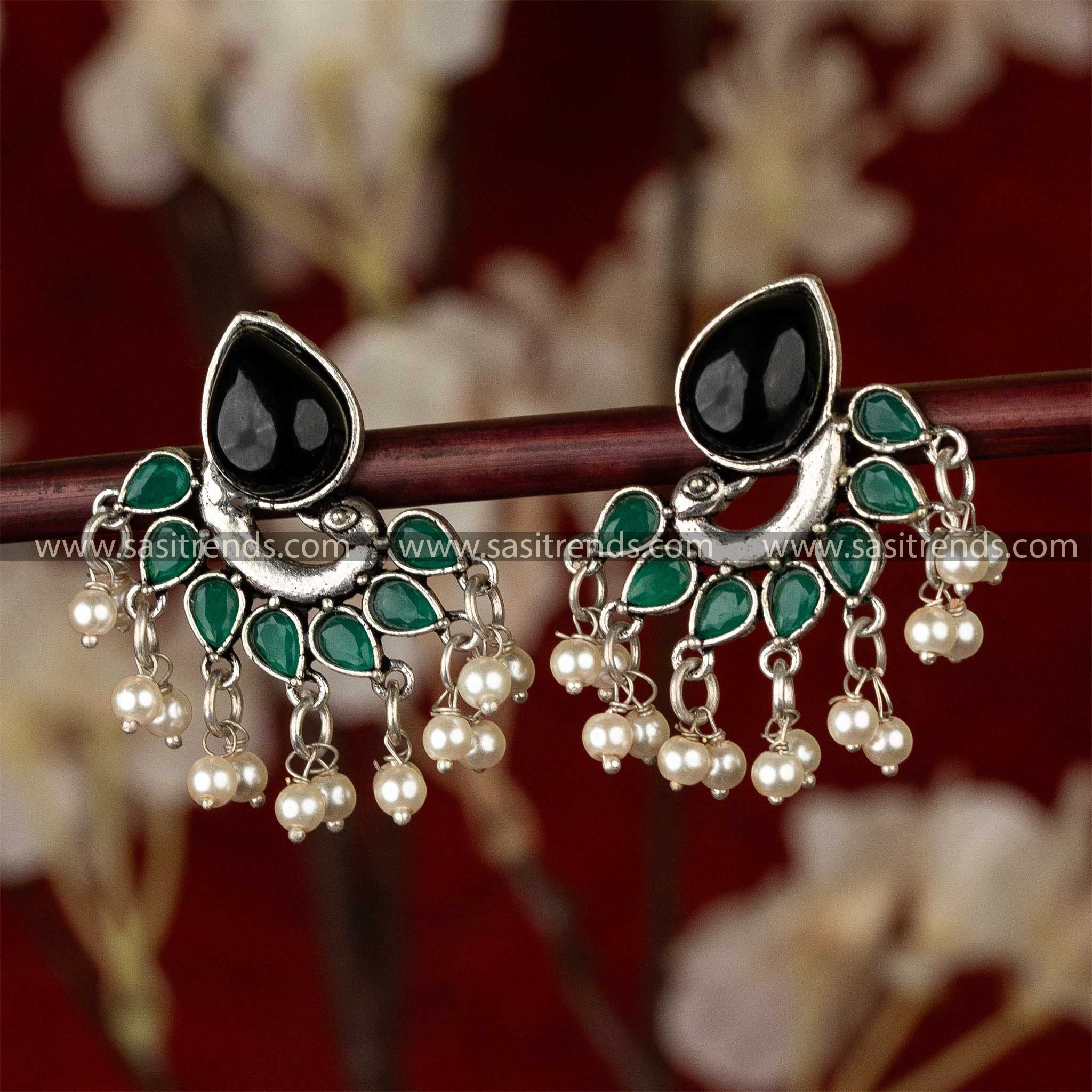 Elegant Oxidised Black Green Stones Peacock Pattern Pearl Earrings Sasitrends Online 