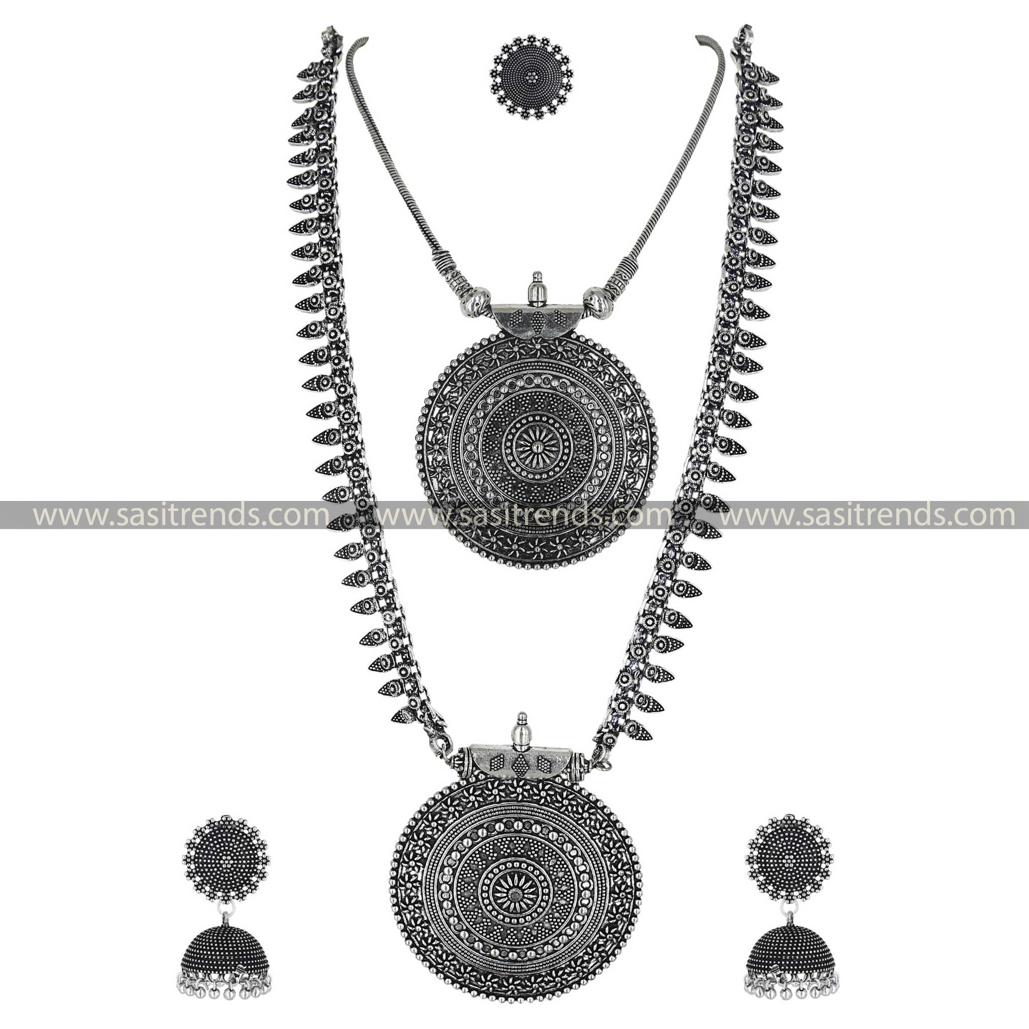 Niranjana Oxidised Silver Ensemble Featuring Haram, Pendant Necklace, Jhumka Earrings, and Ring Sasitrends Online Shopping