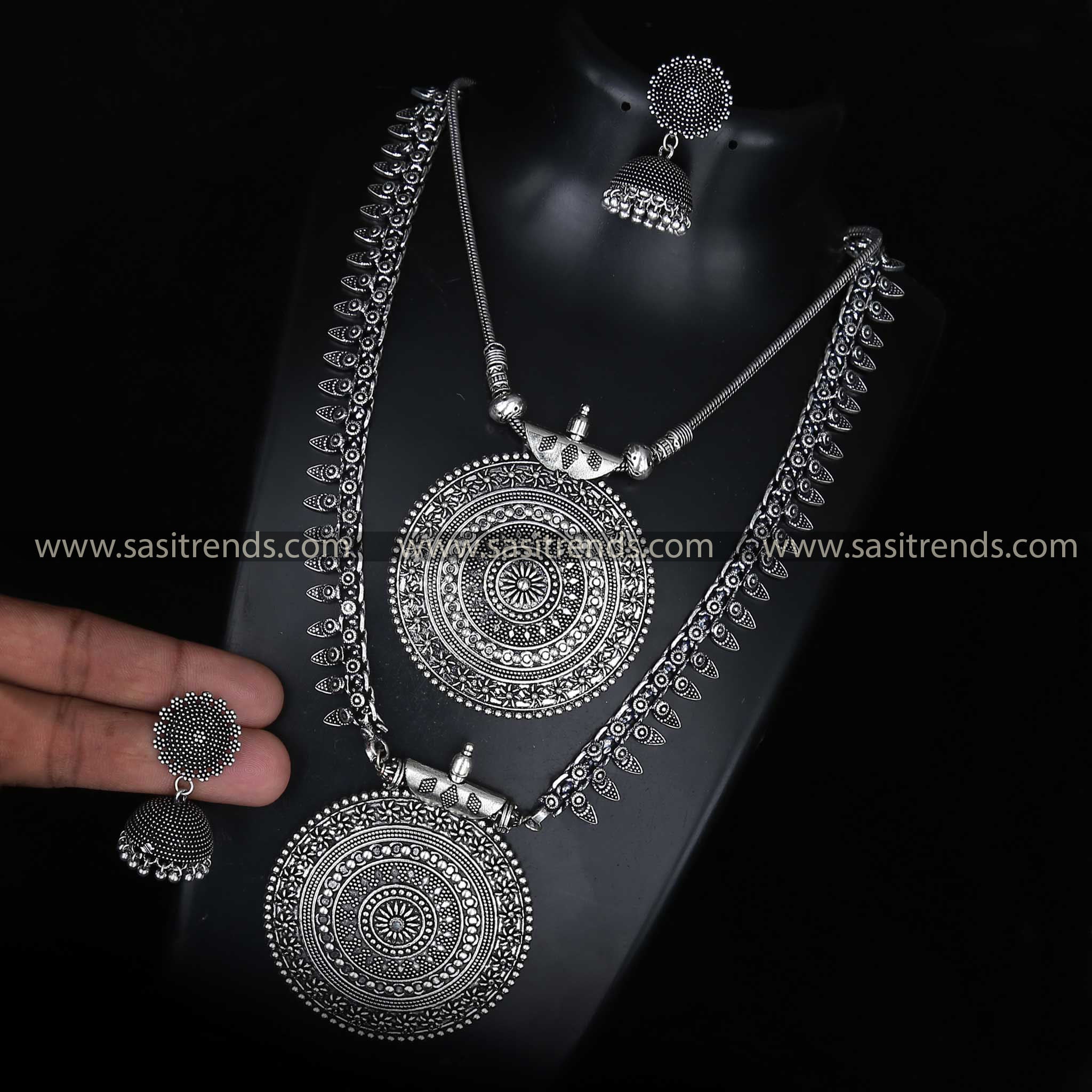 Oxidised Niranjana Set with Long Haram and Nayanthara Jhumka Earrings Navarathiri Special Jewellery Set