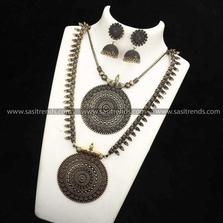 Antique Gold Niranjana Combo Set with Long Haram and Nayanthara Jhumkas Jewellery set For Navarathiri Special