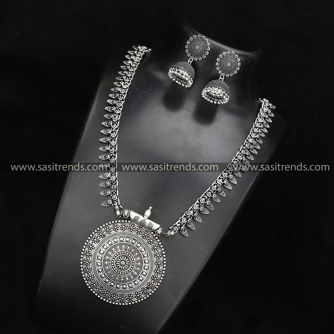 Niranjana Oxidised Silver Haram with Nayanthara Jhumka Earrings Jewellery Set Navarathiri Special