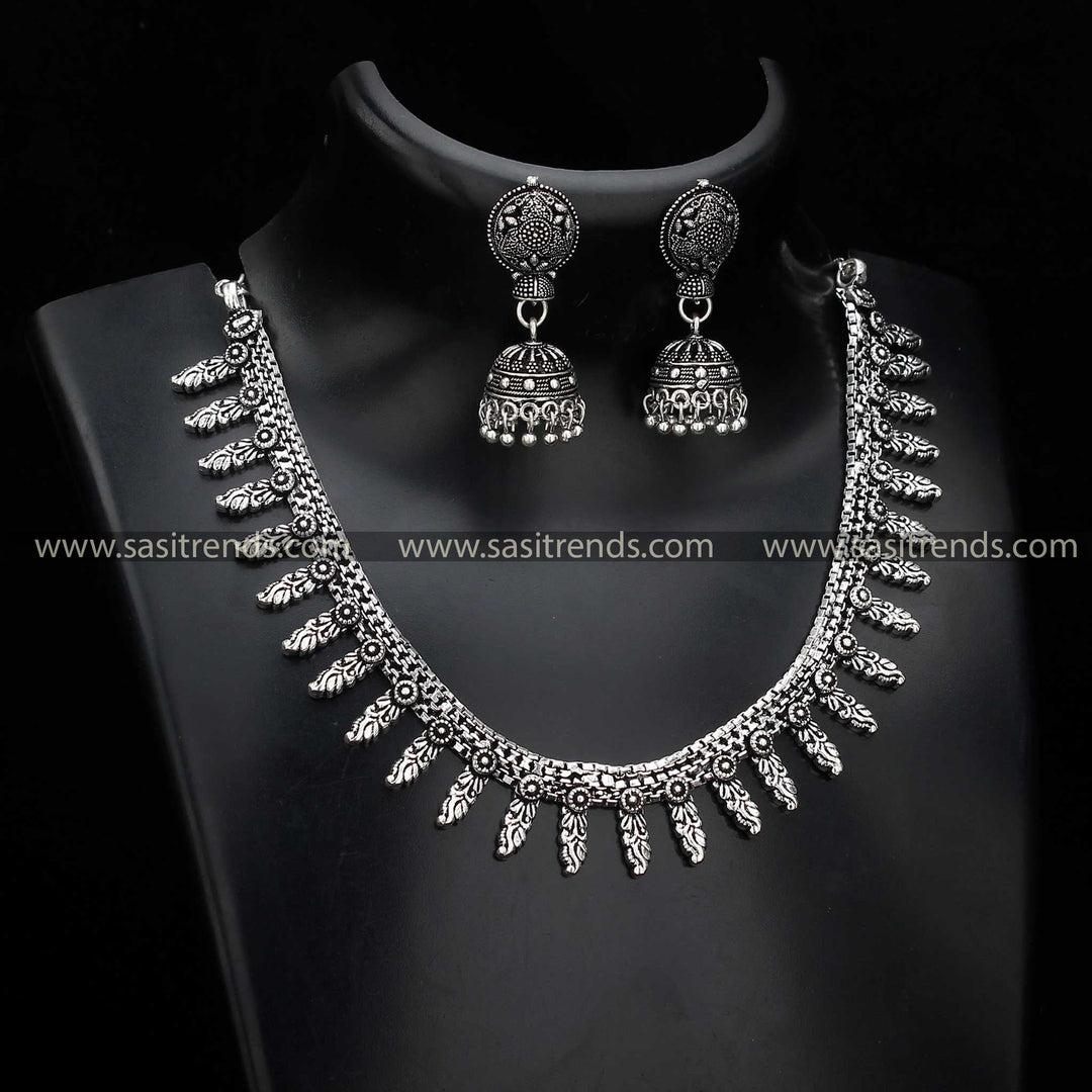 Oxidised Silver Necklace and Jhumka Set 1200A with elegant floral engravings, pairing traditional aesthetics with timeless beauty Navarathiri Special