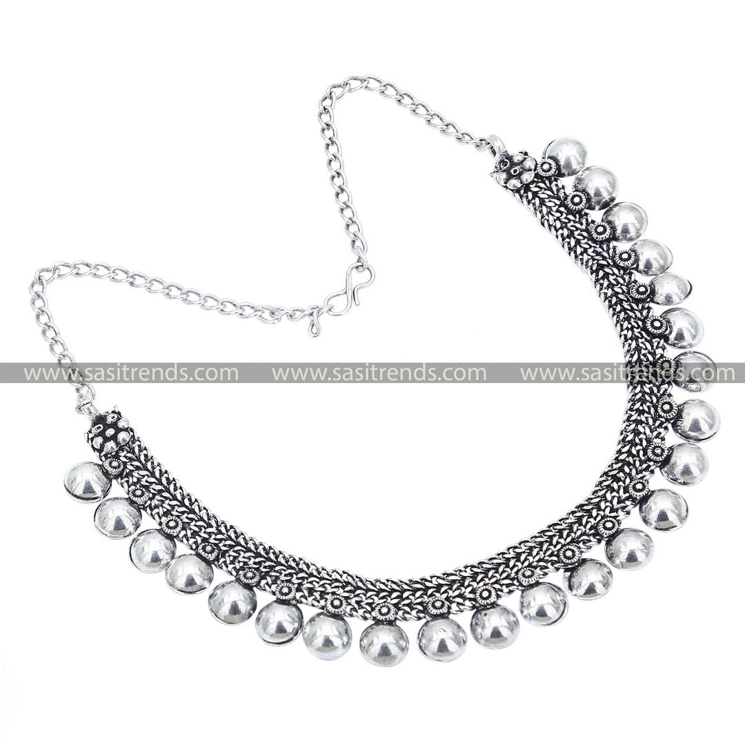 Oxidised Silver Half Ball Necklace 1201A captures a minimalist yet bold design with its oxidised half-ball accents