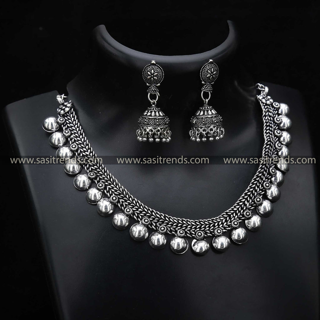 Oxidised Silver Half Ball Necklace, showcasing a sleek design with spherical accents for a contemporary twist on traditional jewellery Set Navarathiri Special