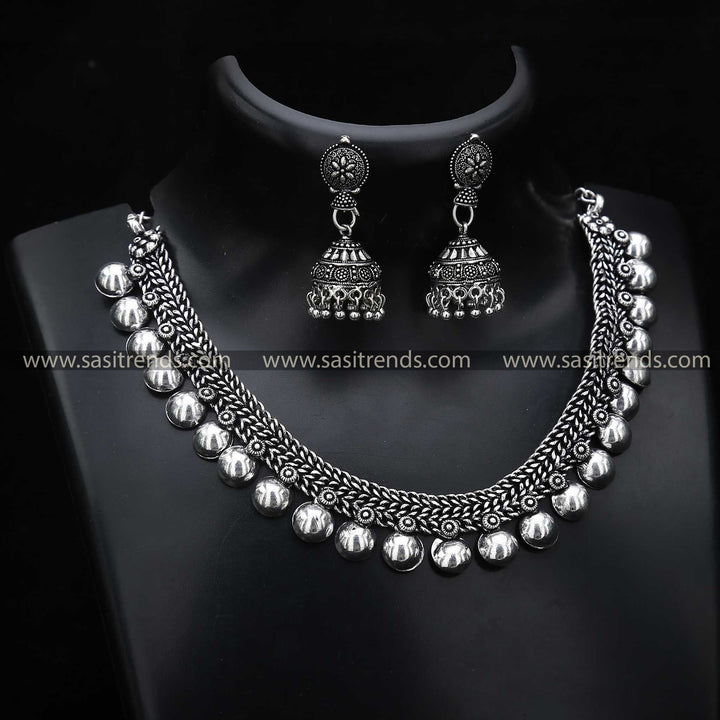 Sasitrends Half Ball Oxidised Necklace & Jhumka Jewellery Set - Ethnic Elegance