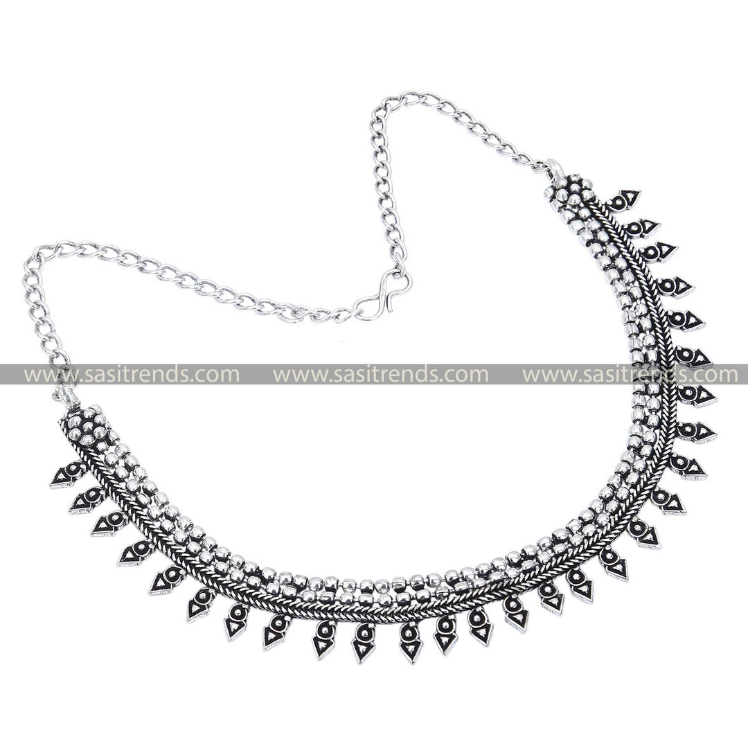 Oxidised Silver Dual Layer Ball Necklace 1203A, elegantly crafted with leaf motifs between spherical accents for a distinctive look - Navarathiri