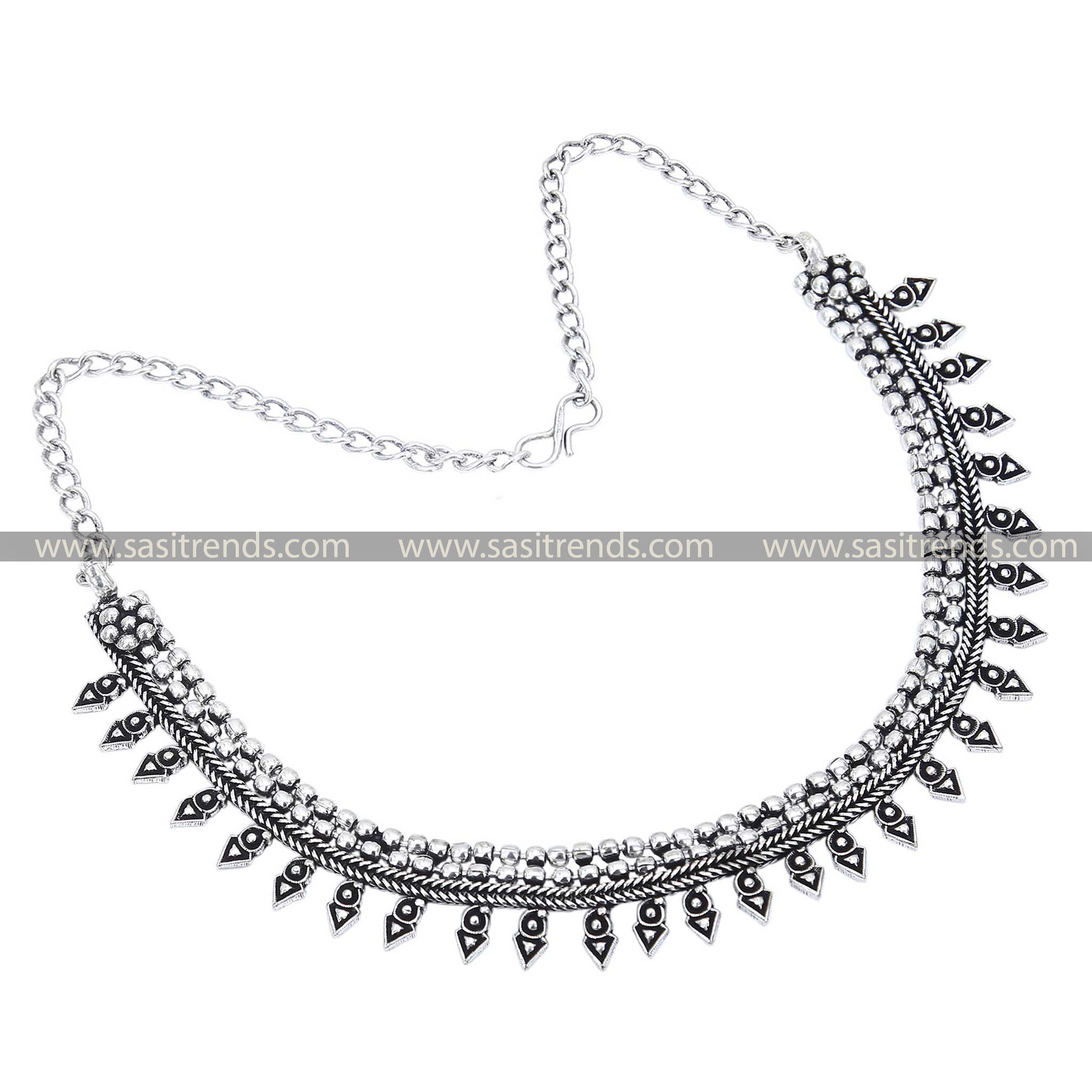 Oxidised Silver Dual Layer Ball Necklace 1203A, elegantly crafted with leaf motifs between spherical accents for a distinctive look - Navarathiri