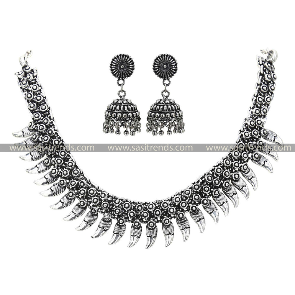 Tribal Motif Crescent Pendant Oxidised Jewellery Set 1206A, an embodiment of ancient art in a contemporary silver necklace