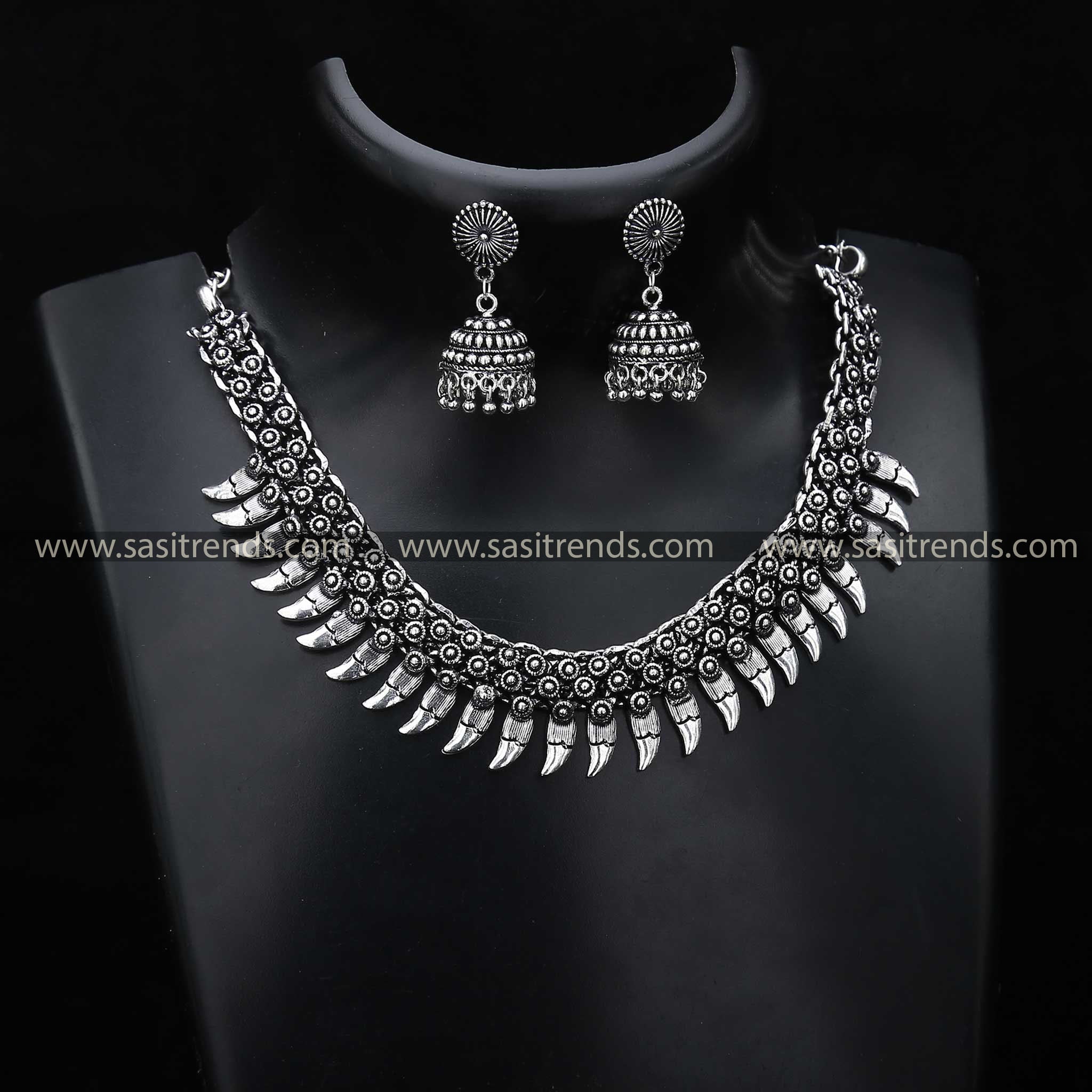 Oxidised Silver Jewellery Set 1206A with Crescent Moon Pendants, featuring tribal etchings on a beaded choker for a mystic allure