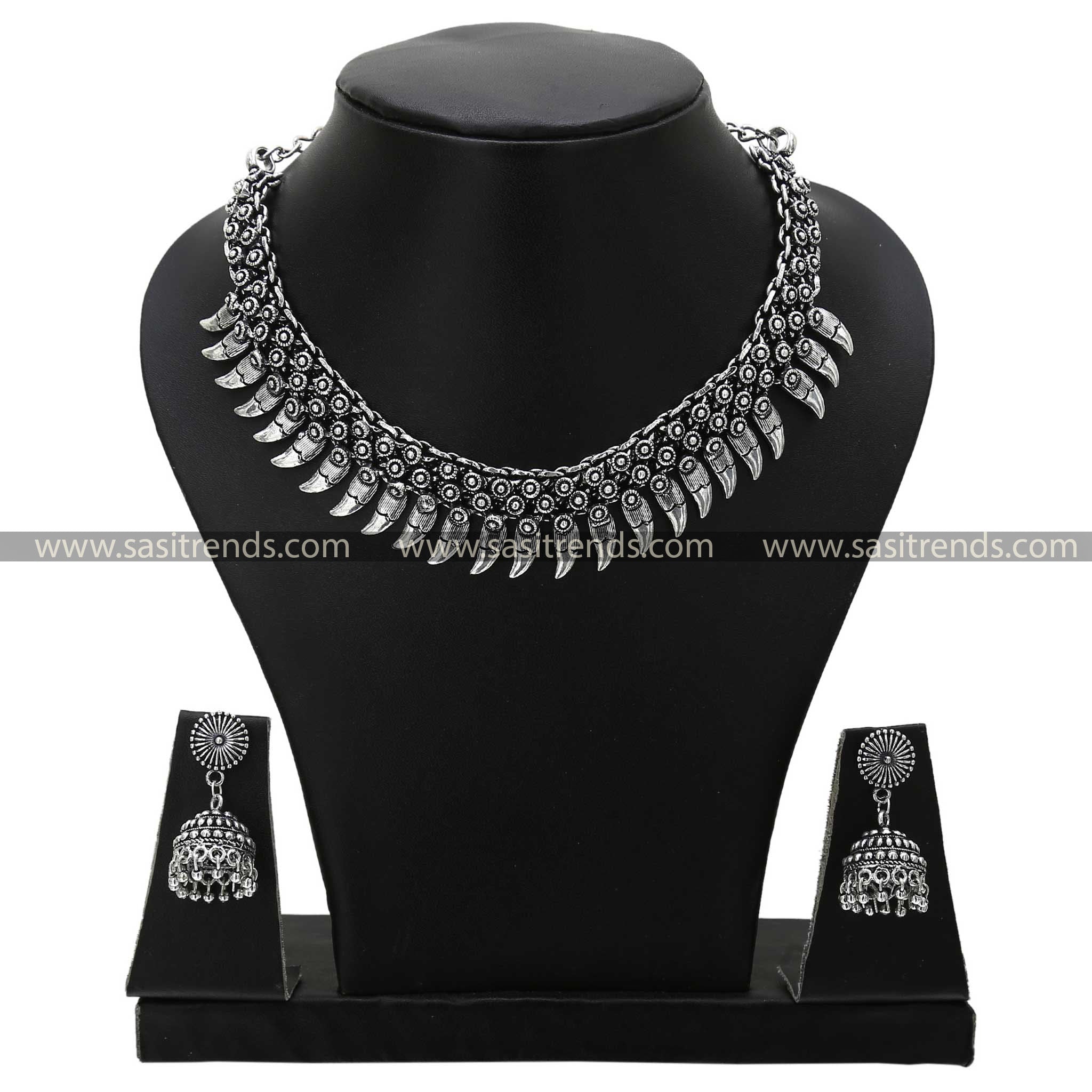 Oxidised Silver Moon Pendant Choker Set 1206A, presenting sleek moon-shaped pendants on an ornate choker, fusing tradition with modern design