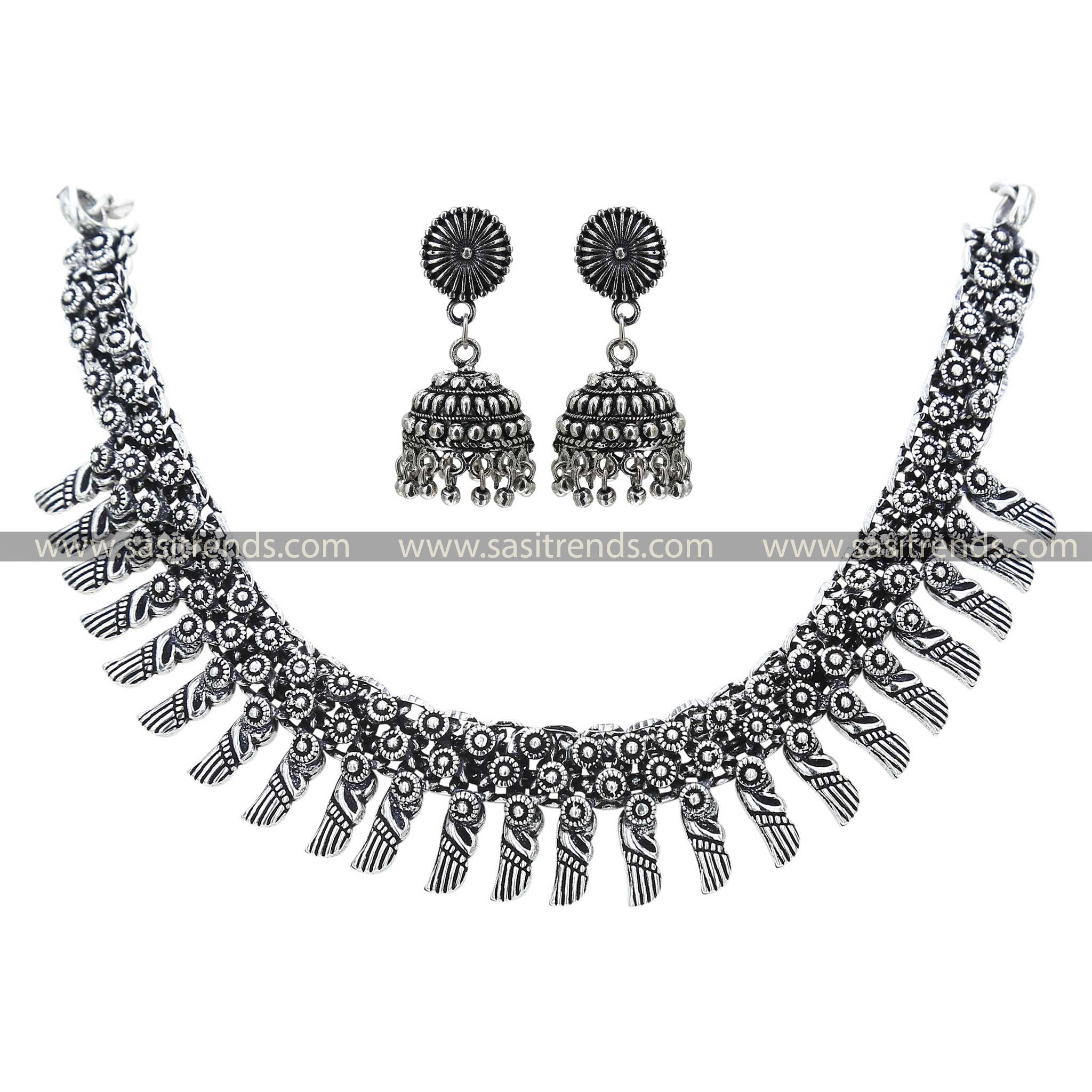 Intricate Patterned Solar Choker Oxidised Jewellery Set 1206B, a striking blend of solar discs and fine craftsmanship in oxidised silver