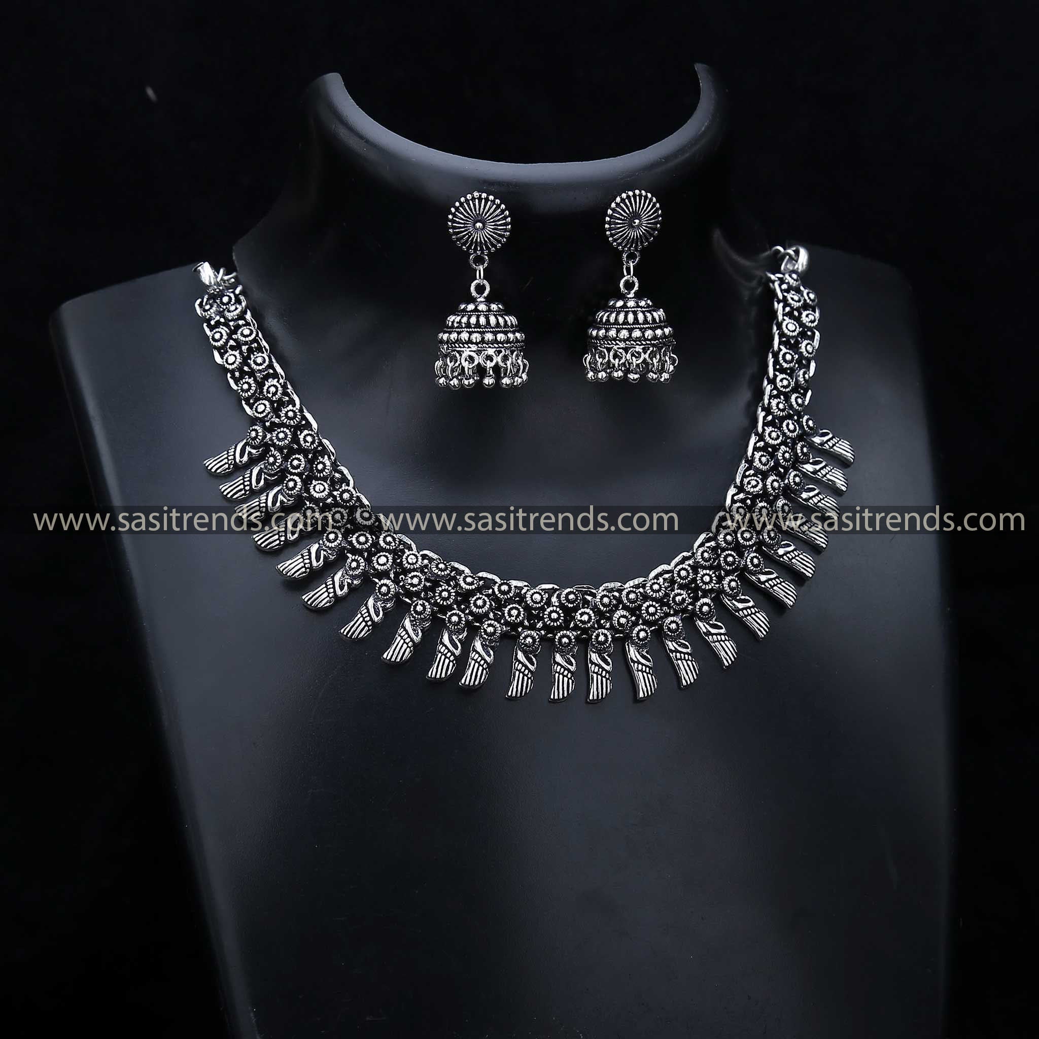 Oxidised Silver Jewellery Set 1206B with Solar Disc Elements, densely patterned for a look that radiates antique elegance