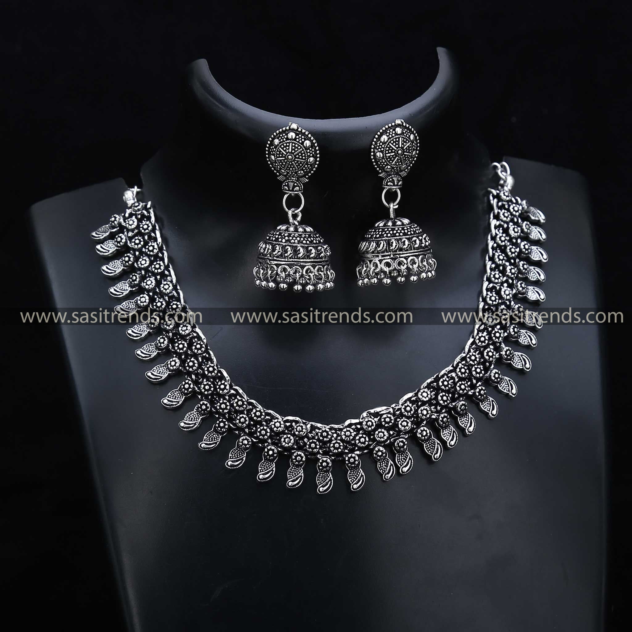 Oxidised Avant-Garde Necklace Set 1208G, featuring fashion-forward jhumka earrings, redefines contemporary style in oxidised jewellery