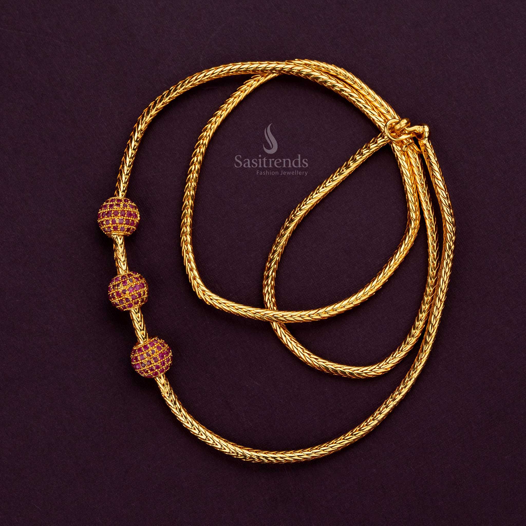 Ruby AD-stone ball mugappu chain, guaranteed 24-carat gold-plated, pairs well with gold jewellery - Sasitrends